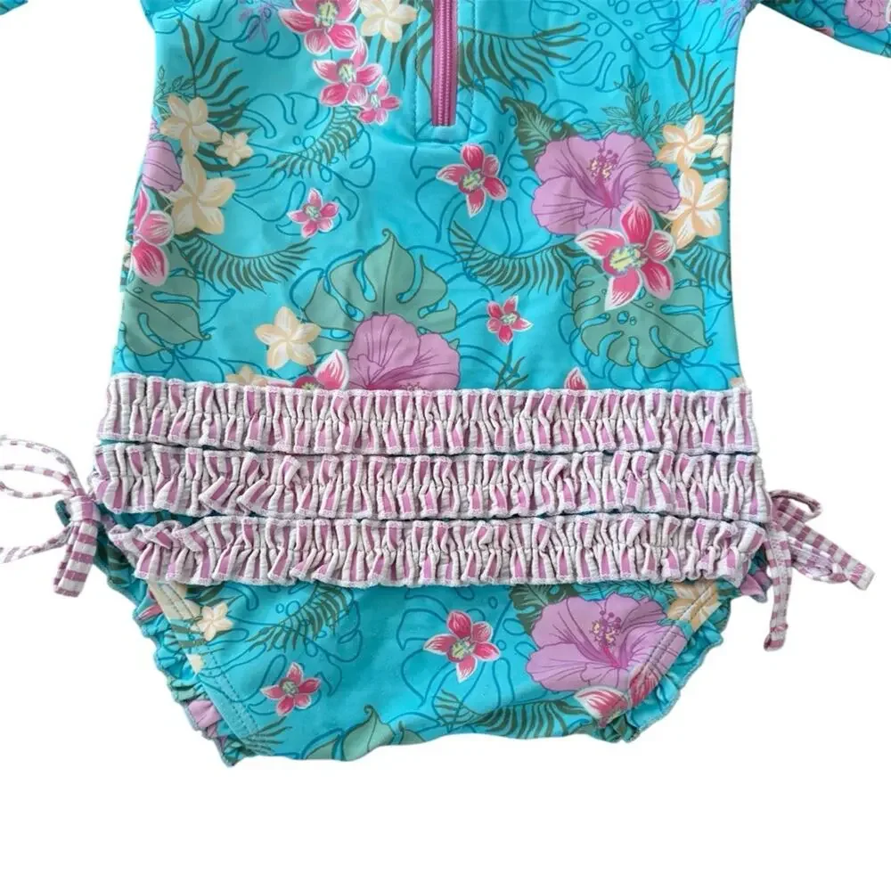 Ruffle Butts Orchid Oasis One Piece Rash Guard Swimwear Size 12-18 M UPF +50